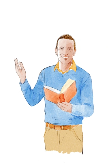 illustratie lachende man met boek in hand