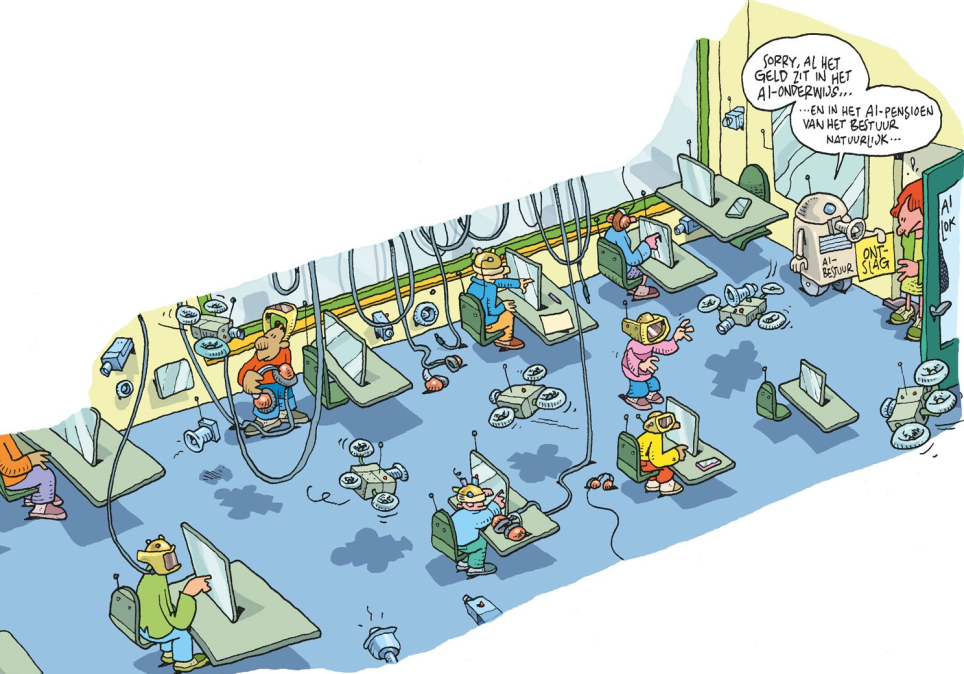 Leerlingen krijgen les van machines. Cartoon van Wim Stevenhagen bij Onderwijsblad-verhaal over AI-gebruik in de klas.