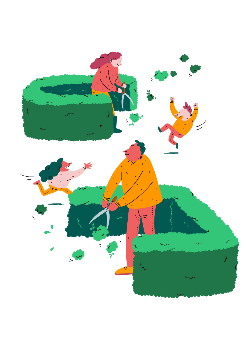 Illustratie waarin meerdere getekende personen een heg aan het knippen zijn.