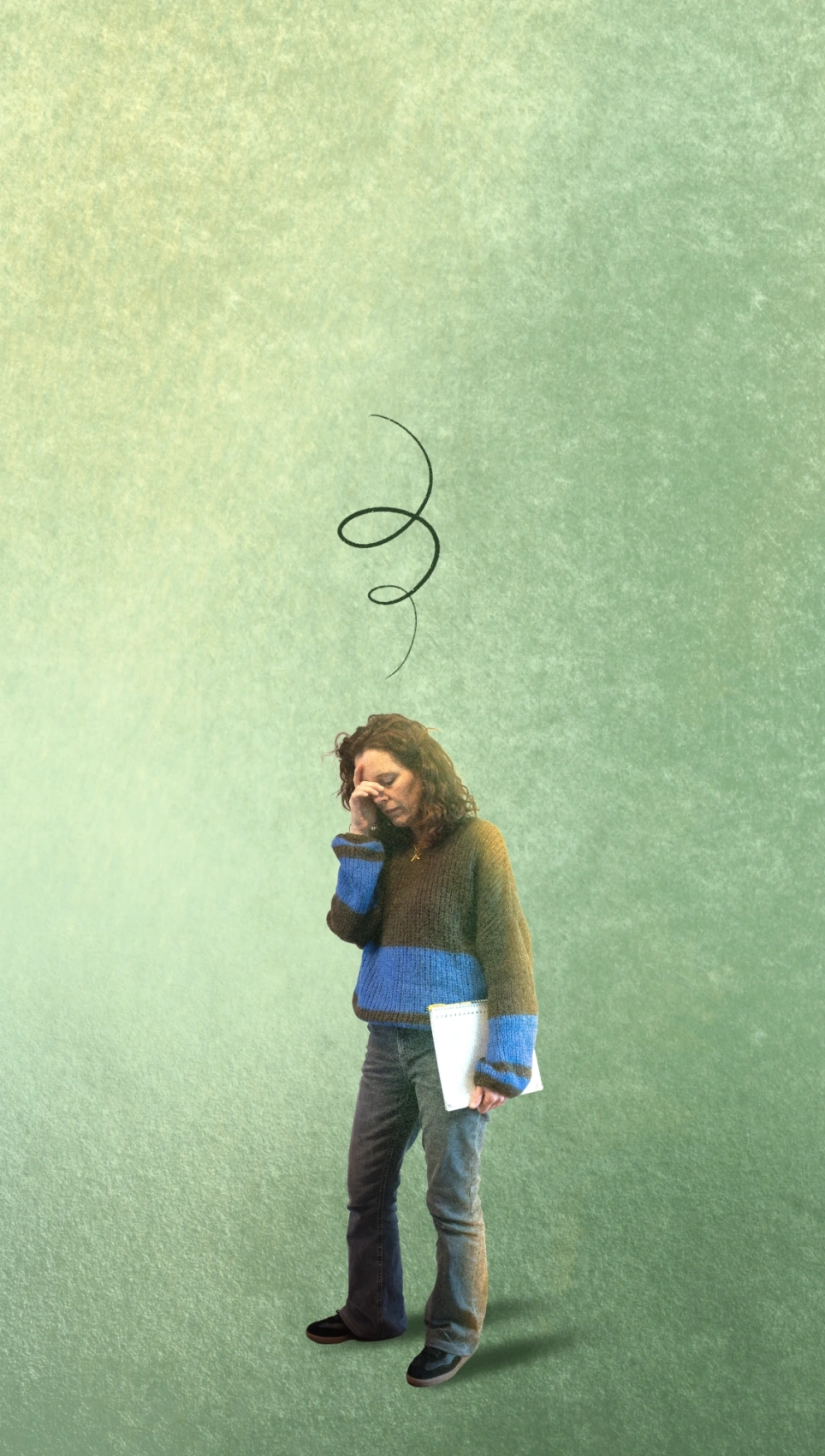 Illutratie van een lerares die gepijnigd kijkt vanwege de doorstroomtoets.