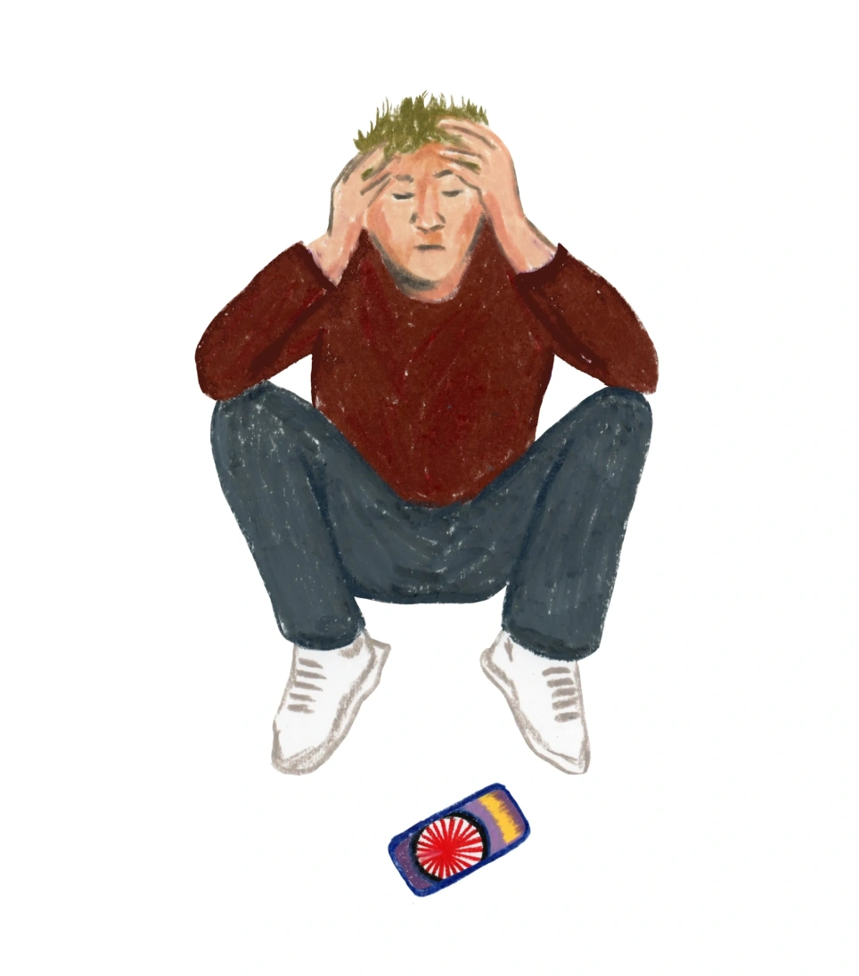 Illustratie van een jonge student met zijn handen in het haar, hij heeft een gokschuld. Beeld bij artikel op aob.nl/onderwijsblad