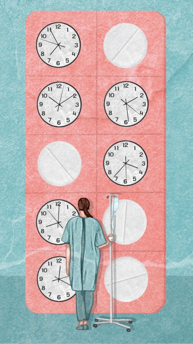 Illustratie van een vrouw met een infuus aan een looppaal die kijkt naar een muur van klokken - beeld bij een artikel op aob.nl/onderwijsblad over langdurig ziek zijn en de bezuiniging op sociale zekerheid