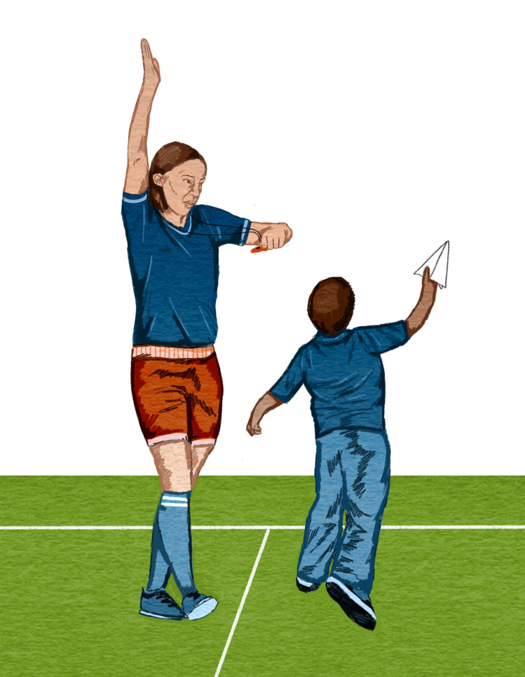 Een tekening waarbij een leraar en een leerling op een voetbalveld staan en de leraar de leerling corrigeert met een rood fluitje terwijl de leerling een papieren vliegtuigje weggooit - beeld bij artikel op Onderwijsblad.nl over het in het gareel krijgen van een pittige klas.