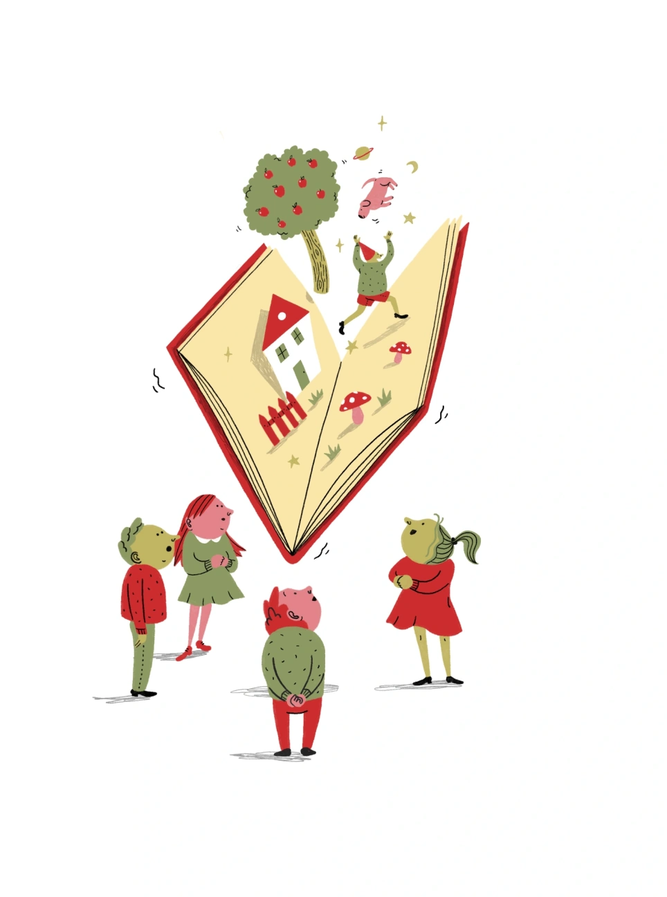 Een illustratie van een boek waar kinderen omheen staan. Beeld bij artikel op aob.nl/onderwijsblad