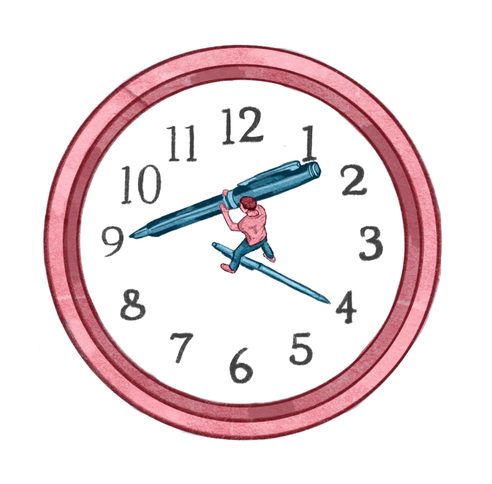 Getekende klok waarbij er in het midden een poppetje staat met twee pennen die de wijzers van de klok symboliseren - beeld bij artikel op AOb.nl over de totstandkoming van de cao