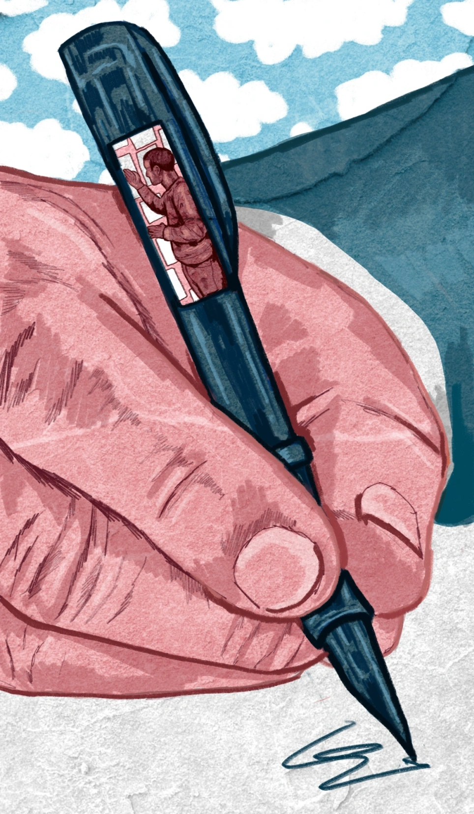 Een getekende hand met een pen erin die een papier ondertekend - beeld bij een artikel aob.nl over de totstandkoming van de cao