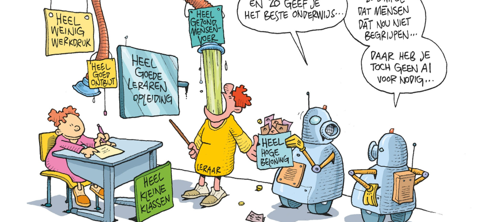 Cartoon Leerling krijgt lesstof door keel geduwd