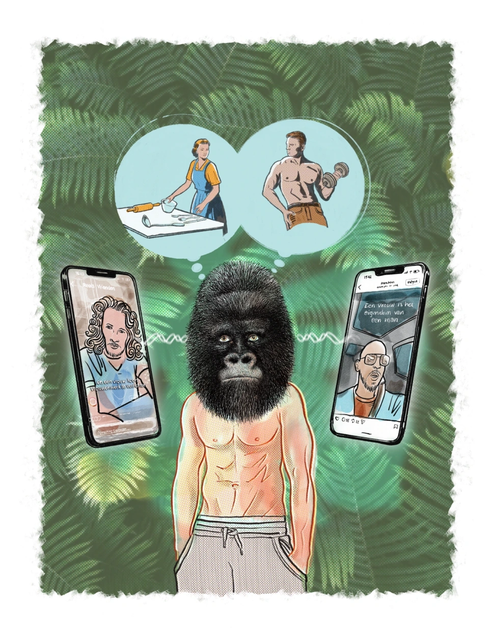 Illustratie van een gespierde man met een hoofd van een gorilla en daarnaast twee smartphones met afbeeldingen van een vrouw achter het aanrecht en een gespierde man - beeld bij artikel aob.nl/onderwijsblad over de manosfeer