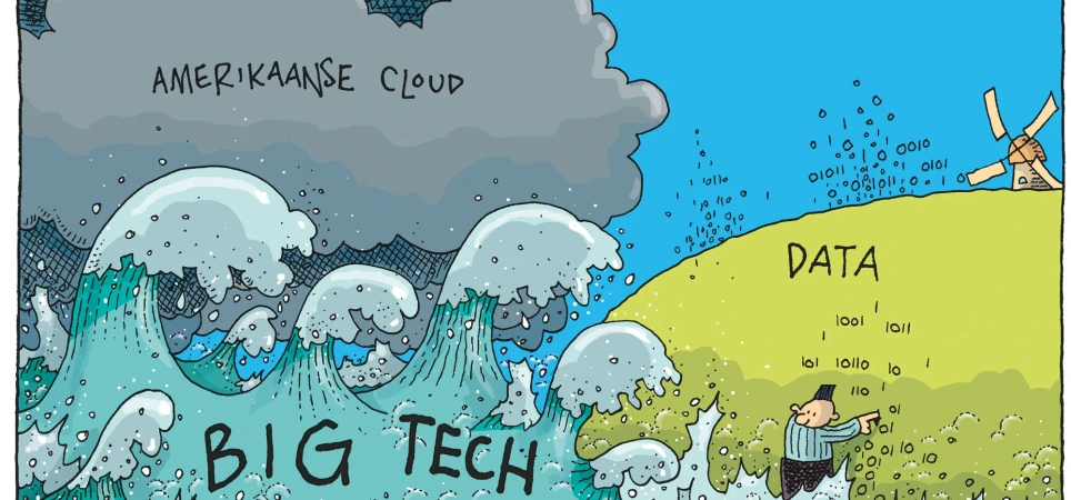Tekening van big tech als golf die nederland dreigt te overstromen