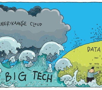 Tekening van big tech als golf die nederland dreigt te overstromen