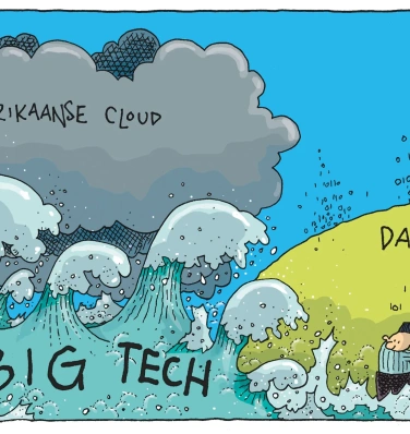 Tekening van big tech als golf die nederland dreigt te overstromen