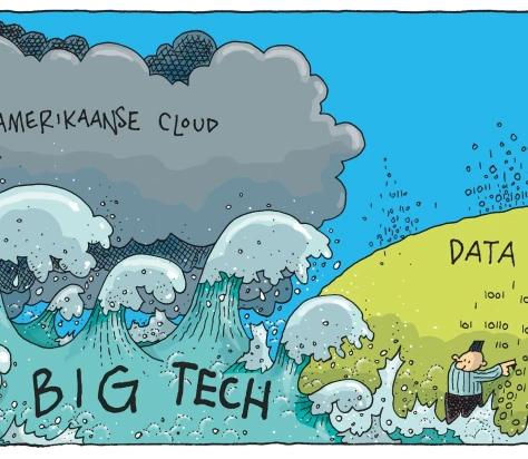 Tekening van big tech als golf die nederland dreigt te overstromen