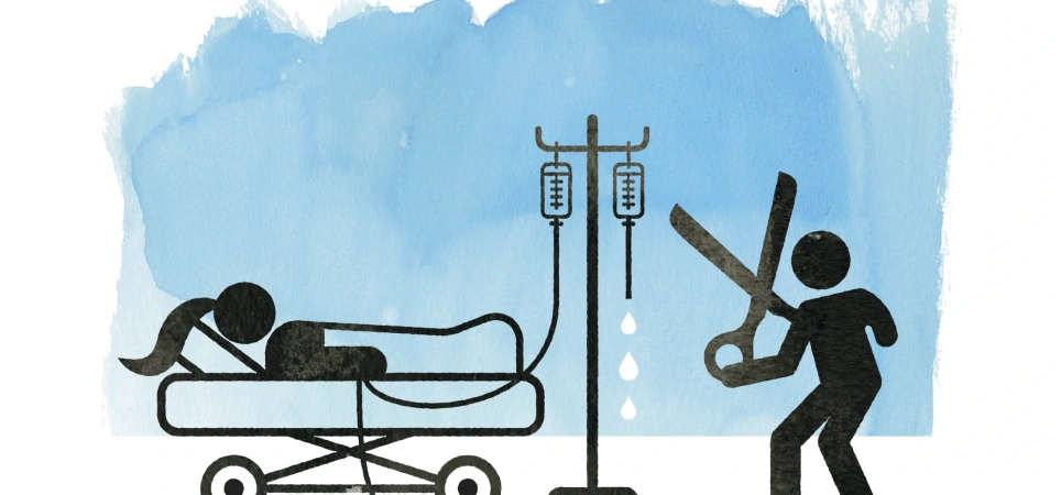 Vrouw op ziekbeb man met schaar bij infuus