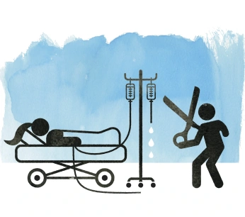 Vrouw op ziekbeb man met schaar bij infuus