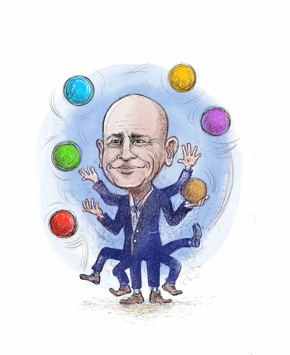 Een man met vier armen jongleert met gekleurde ballen_illustratie bij artikel op aob.nl