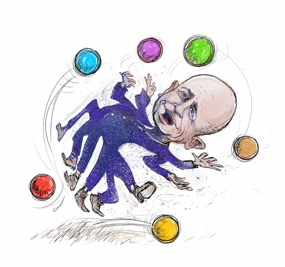 Een man met vier armen jongleert met gekleurde ballen_illustratie bij artikel op aob.nl