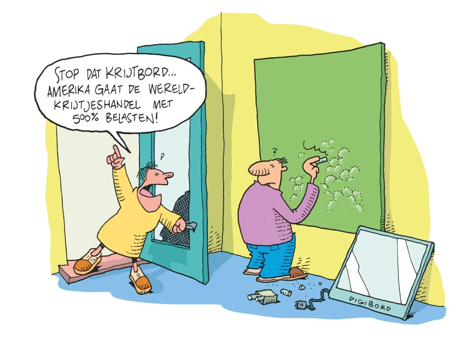 Tekening bij leraar voor krijtjesbord ter illustratie van een verhaal over Big Tech in het onderwijs.