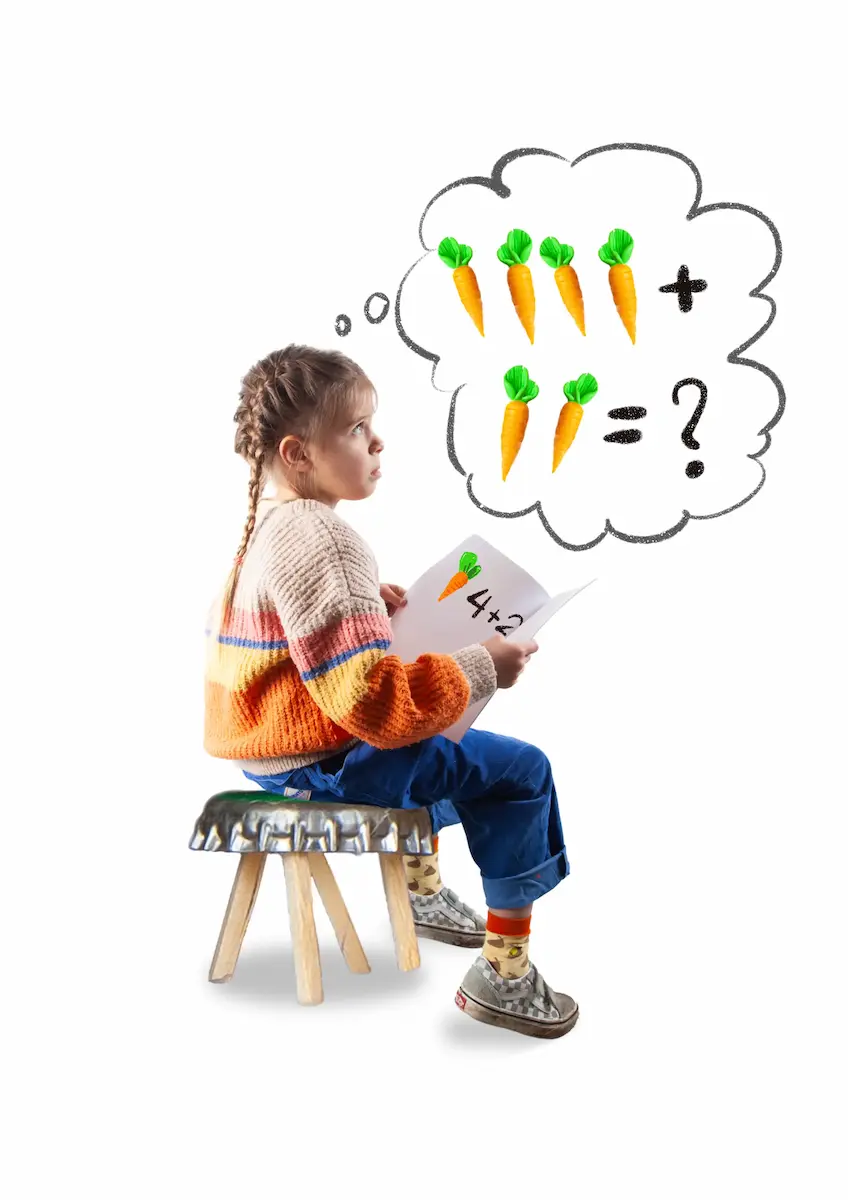 Meisje op een krukje denkt na over een som, illustratie bij een artikel op www.aob.nl