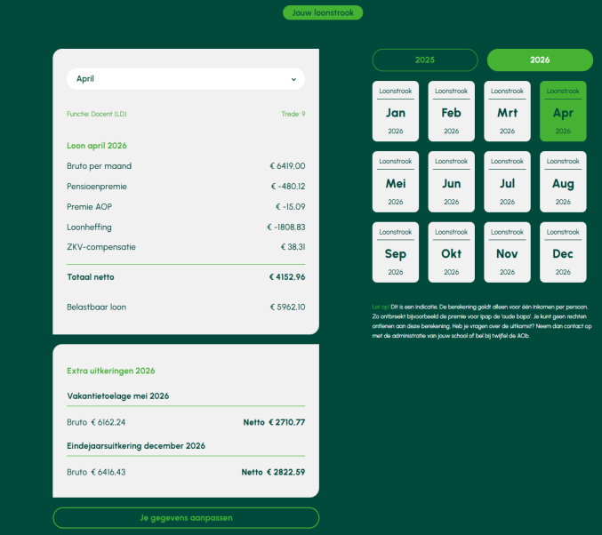 AOb Salarischeck  - screenshot van de resultaatpagina van de tool