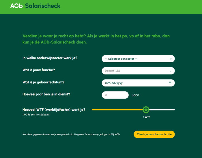 Screenshot van de AOb Salarischeck