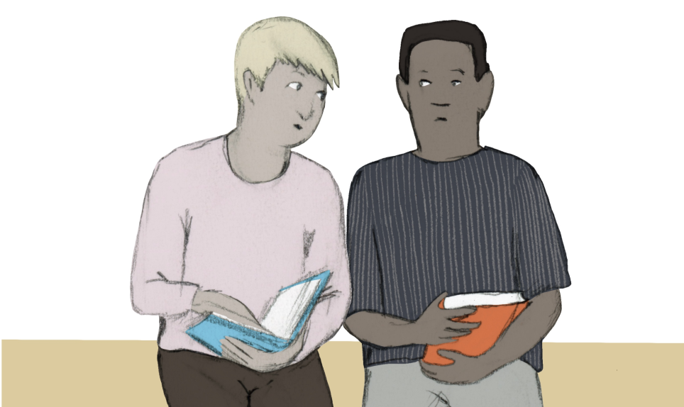 Twee kinderen kijken op uit hun boek. Tekening van Nina Maissouradze bij een verhaal over de hardnekkige leesachterstand van kinderen die ten tijde van corona in groep 2 of 3 zaten.