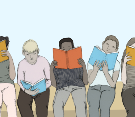 Vijf kinderen lezen elk hun eigen boek M