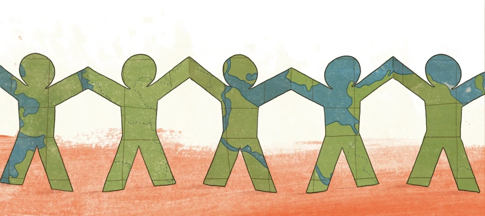 Een illustratie van poppetjes die in een rij staan, patroon is van de aarde. Beeld bij artikel op aob.nl/onderwijsblad