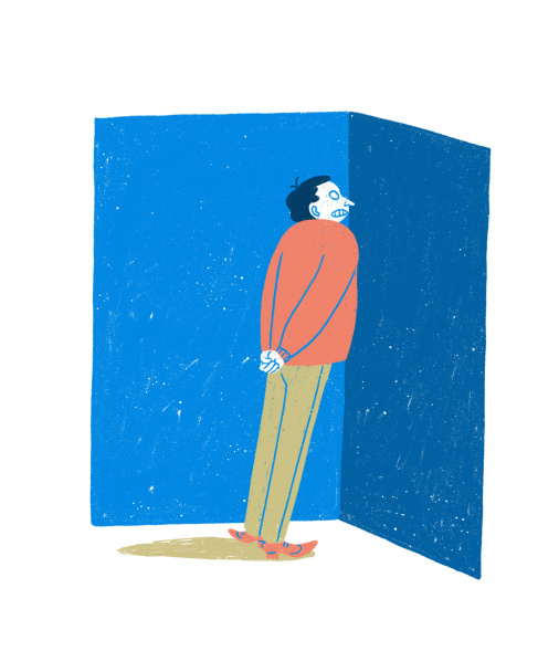 Illustratie waarbij een docent tegen een blauwe muur in een hoek wordt gedrukt - beeld bij een artikel op aob.nl/onderwijsblad over grensoverschrijdend gedrag ouders
