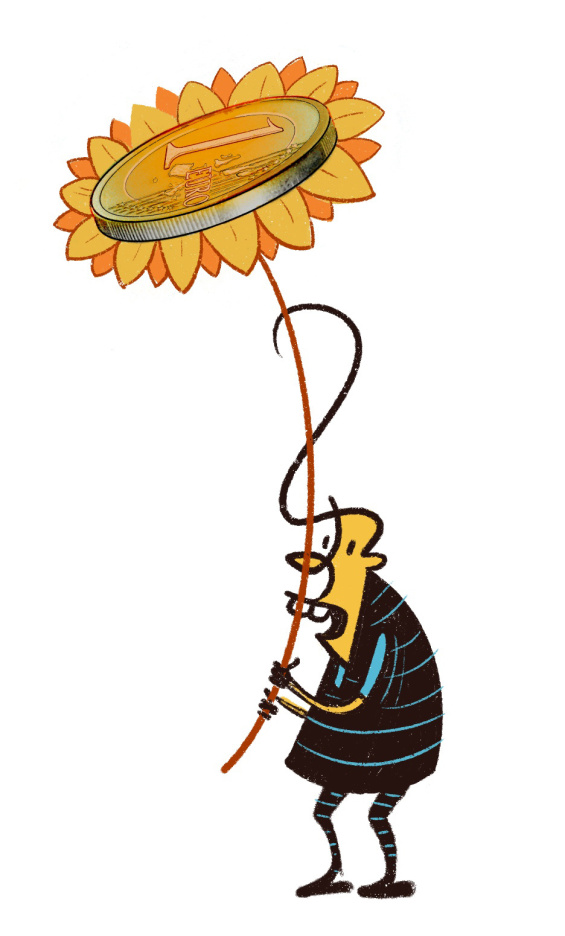 Illustratie van een persoon die een bloem vasthoudt met een groot 1-euromuntstuk als bloemknop.