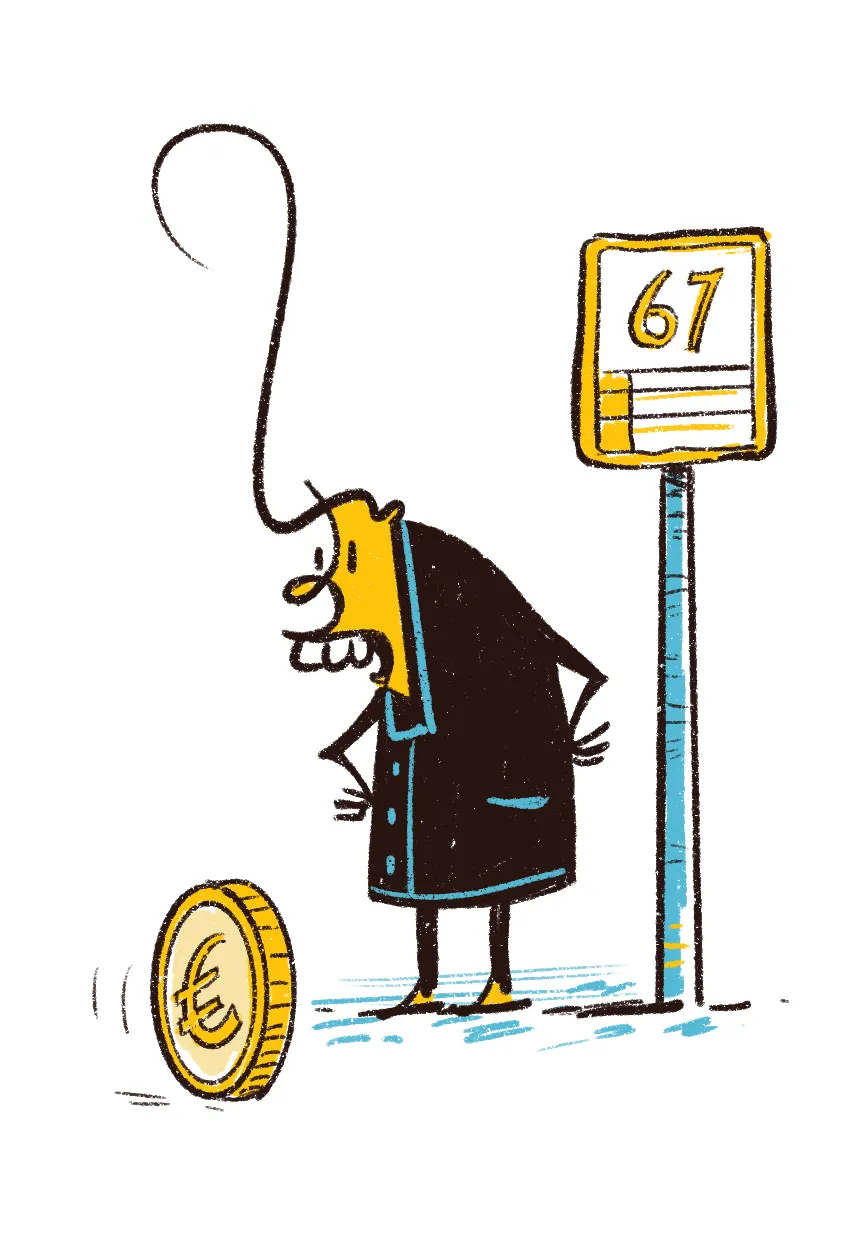 Een illustratie van een wachtend mannetje met een muntstuk. Beeld bij een artikel op aob.nl/onderwijsblad over pensioenen