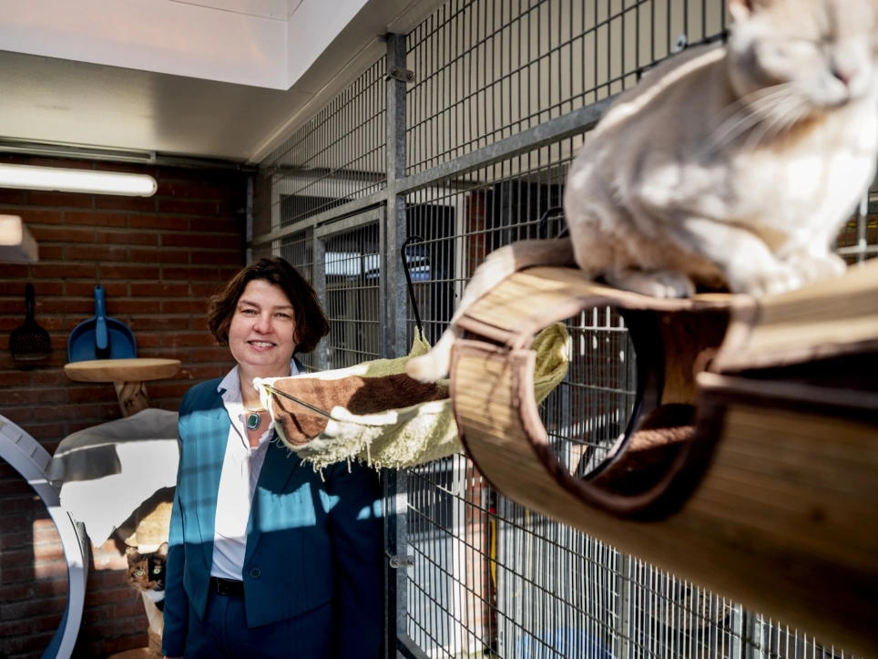 Een foto van practor Sara Albone met poezen. Beeld bij artikel op aob.nl.onderwijsblad