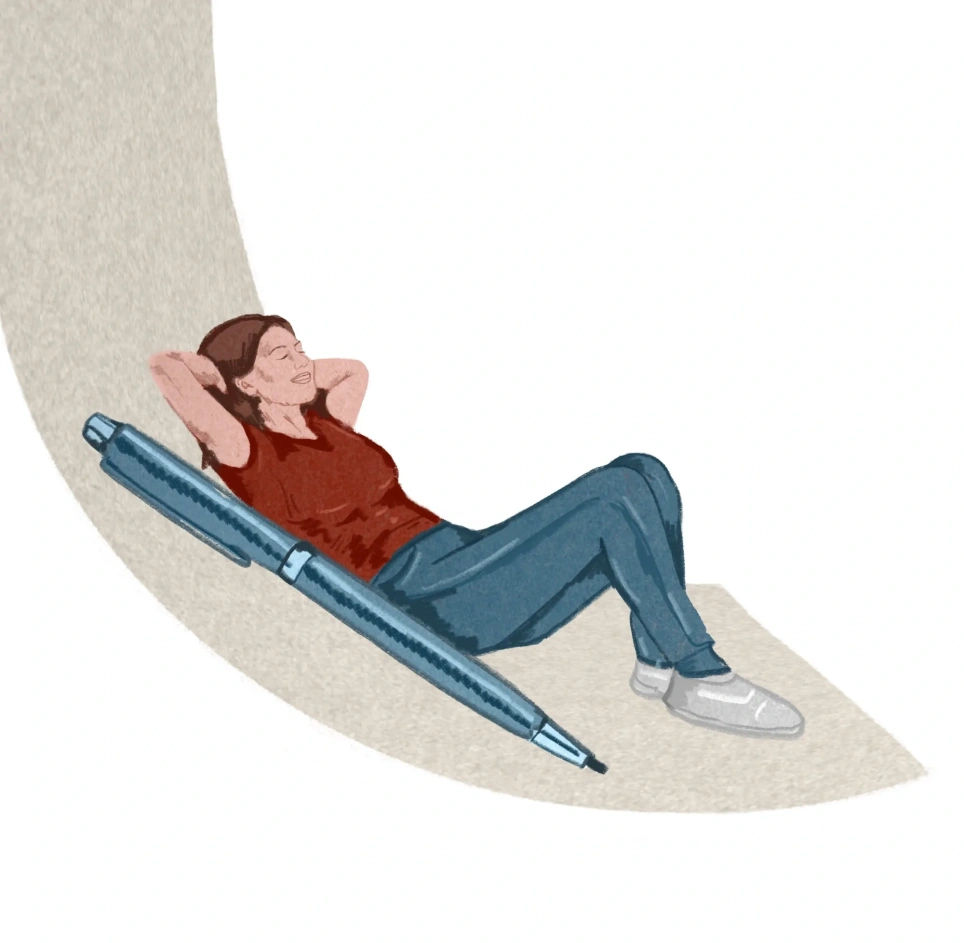 Tekening van een liggende vrouw op een rol papier met naast haar een grote pen - beeld bij een artikel over vaststellingsovereenkomsten in het onderwijs op aob.nl/onderwijsblad
